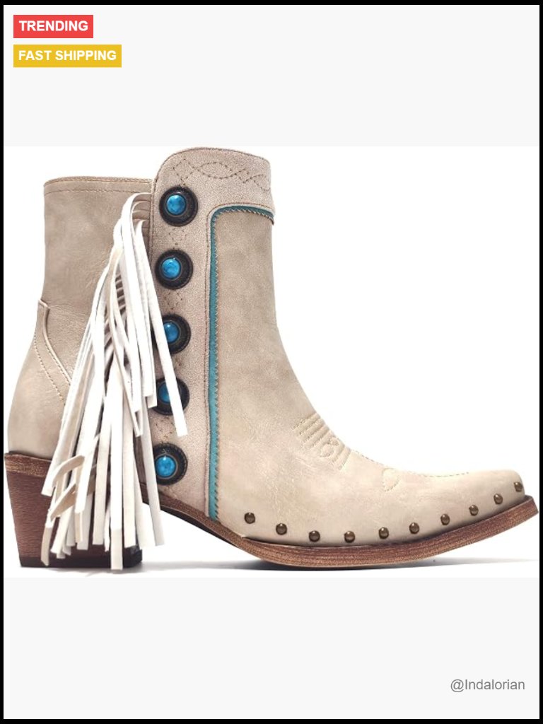Fringe Studded Cowboy Ankle Boots With Turquoise Stones